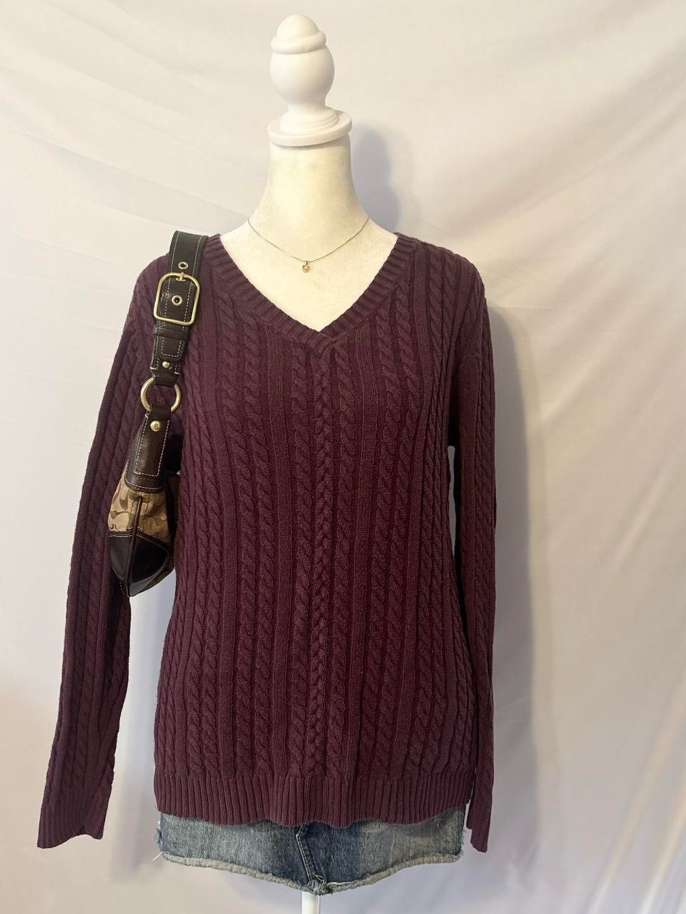 Vintage Y2K Preppy Cottage Cable V Neck Knitted Plum Sweater